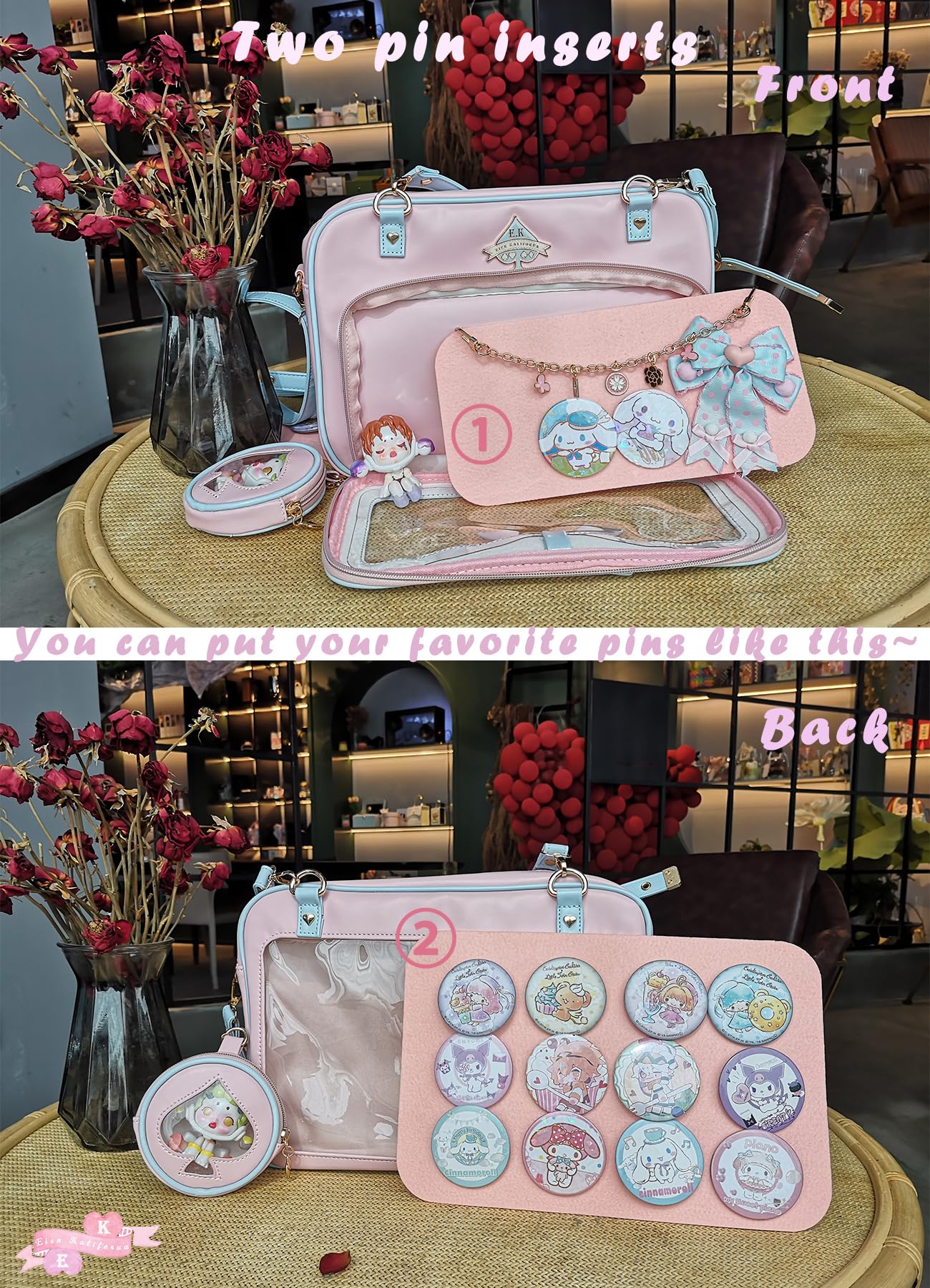 Eien Kaliforua Ita Bag Cute JK Uniform Bag Double Window Sweet PU Leather ita Bag Kawaii Pins Bag+cute small bag