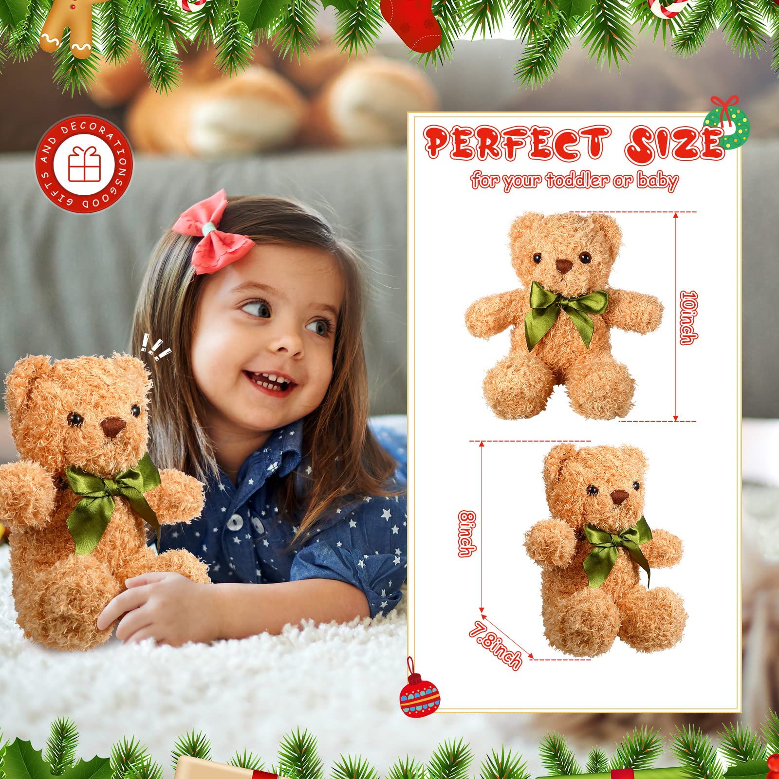 HyDren 12 Pack Bear Stuffed Animals Operation Christmas Bulk Items 10 Inch Plush Bear Toy Small Stuffed Bears with Bow Tie for Baby Shower Wedding Birthday Gifts(White, Light Brown)