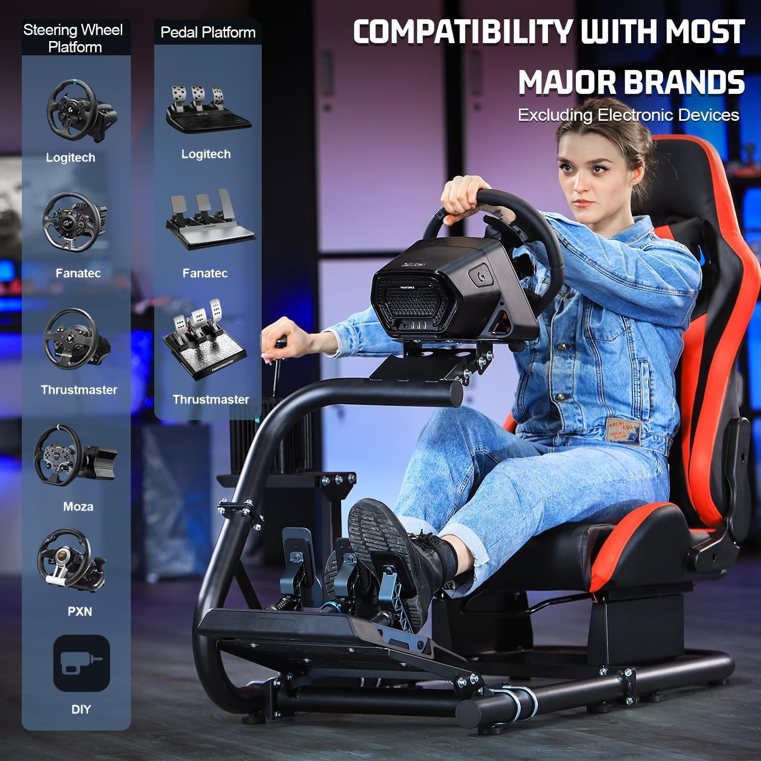 Marada Racing Simulator Cockpit with Red Seat Fit for Logitech/Thrustmaster/Fanatec G29 G920 G923 T80 T150,Fanatec,Adjustable Driving Steering Wheel Stand,Pedal & Wheel Not Included