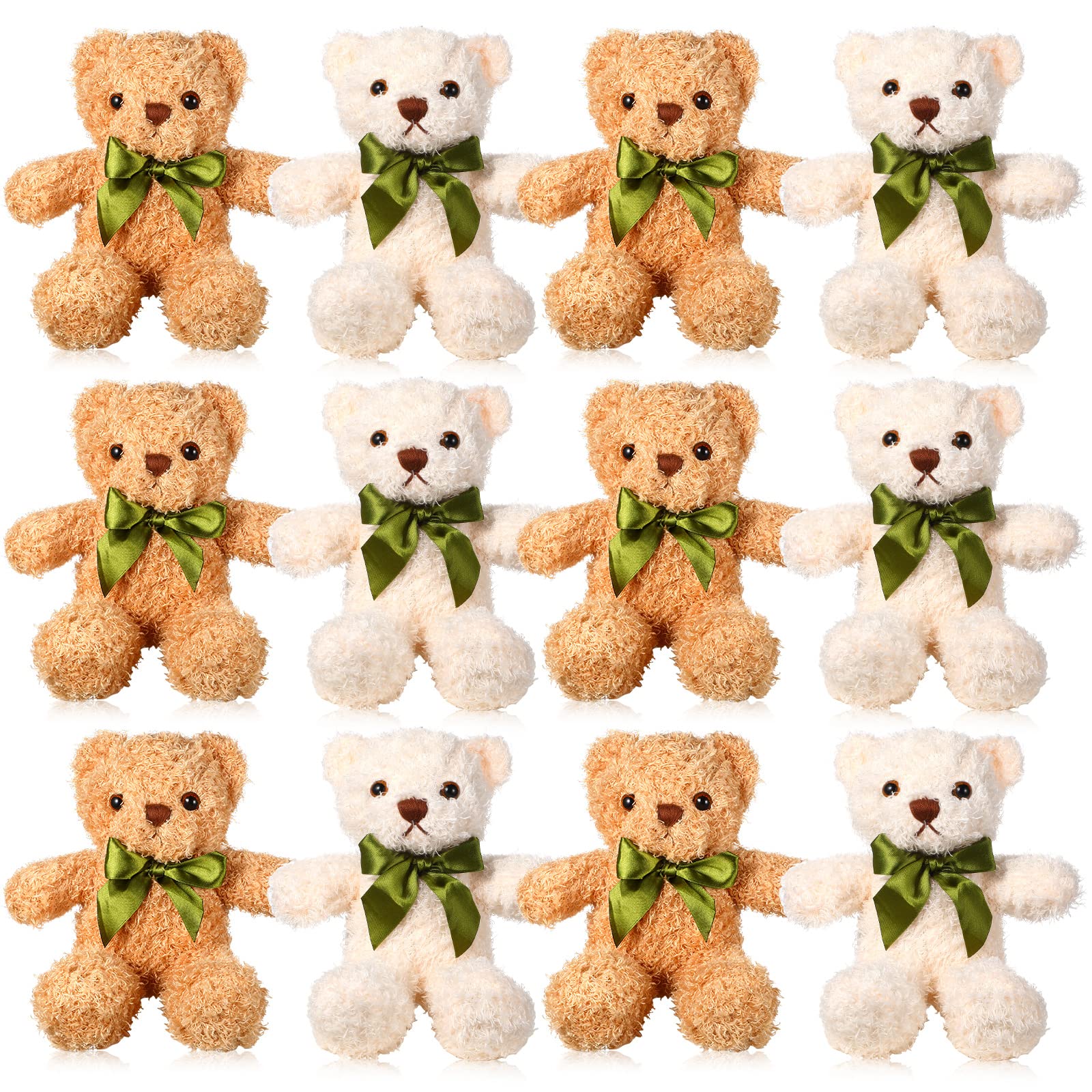 HyDren 12 Pack Bear Stuffed Animals Operation Christmas Bulk Items 10 Inch Plush Bear Toy Small Stuffed Bears with Bow Tie for Baby Shower Wedding Birthday Gifts(White, Light Brown)