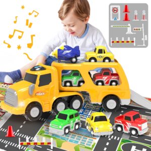 bellochiddo toddler toys car for 2 3 4 5 6 year old boys - stem educational construction vehicletoys with play map - transport carrier truck for kids with light sound, gift car toys for toddlers 1-3