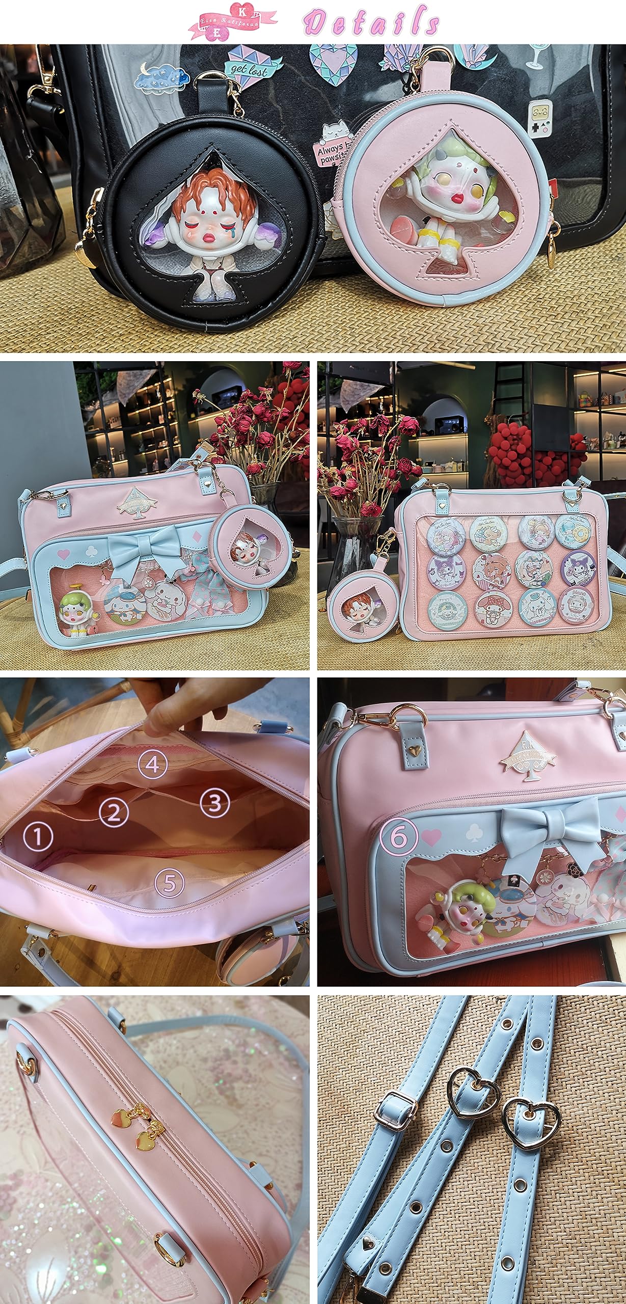 Eien Kaliforua Ita Bag Cute JK Uniform Bag Double Window Sweet PU Leather ita Bag Kawaii Pins Bag+cute small bag