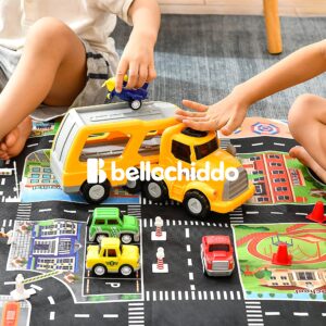 BELLOCHIDDO Toddler Toys Car for 2 3 4 5 6 Year Old Boys - STEM Educational Construction VehicleToys with Play Map - Transport Carrier Truck for Kids with Light Sound, Gift Car Toys for Toddlers 1-3