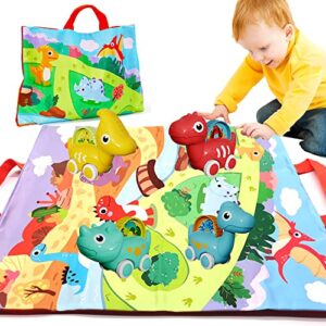 WenToyce Cute Dinosaur Cars Toys with Play Mat Storage Bag for Infant Babies, 4 Dino Vehicle Early Educational Infant Toys, Birthday Gift for Toddler 1 Year Old Boys Girls