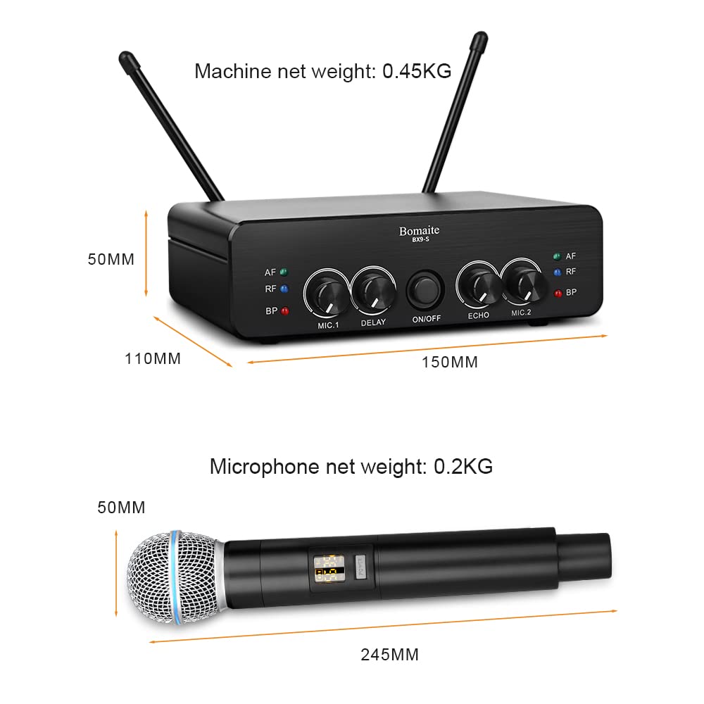 Bomaite BX9-S UHF Wireless Microphone System， Karaoke Microphone Wireless Mic Cordless Dual with Volume Control and Echo,DEALY for Karaoke Singing Speech Meeting Church DJ Party, 165FT