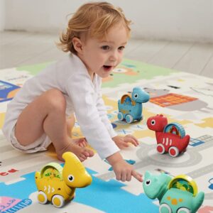 WenToyce Cute Dinosaur Cars Toys with Play Mat Storage Bag for Infant Babies, 4 Dino Vehicle Early Educational Infant Toys, Birthday Gift for Toddler 1 Year Old Boys Girls