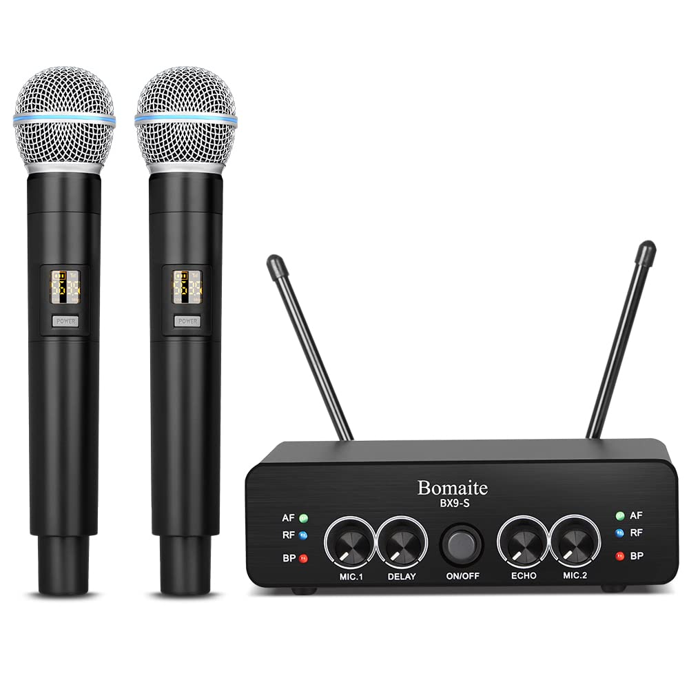 Bomaite BX9-S UHF Wireless Microphone System， Karaoke Microphone Wireless Mic Cordless Dual with Volume Control and Echo,DEALY for Karaoke Singing Speech Meeting Church DJ Party, 165FT