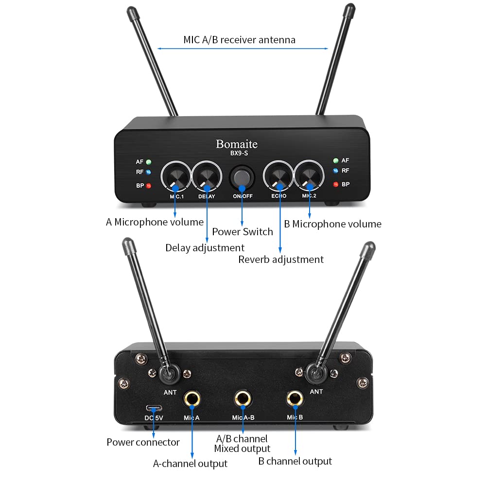 Bomaite BX9-S UHF Wireless Microphone System， Karaoke Microphone Wireless Mic Cordless Dual with Volume Control and Echo,DEALY for Karaoke Singing Speech Meeting Church DJ Party, 165FT