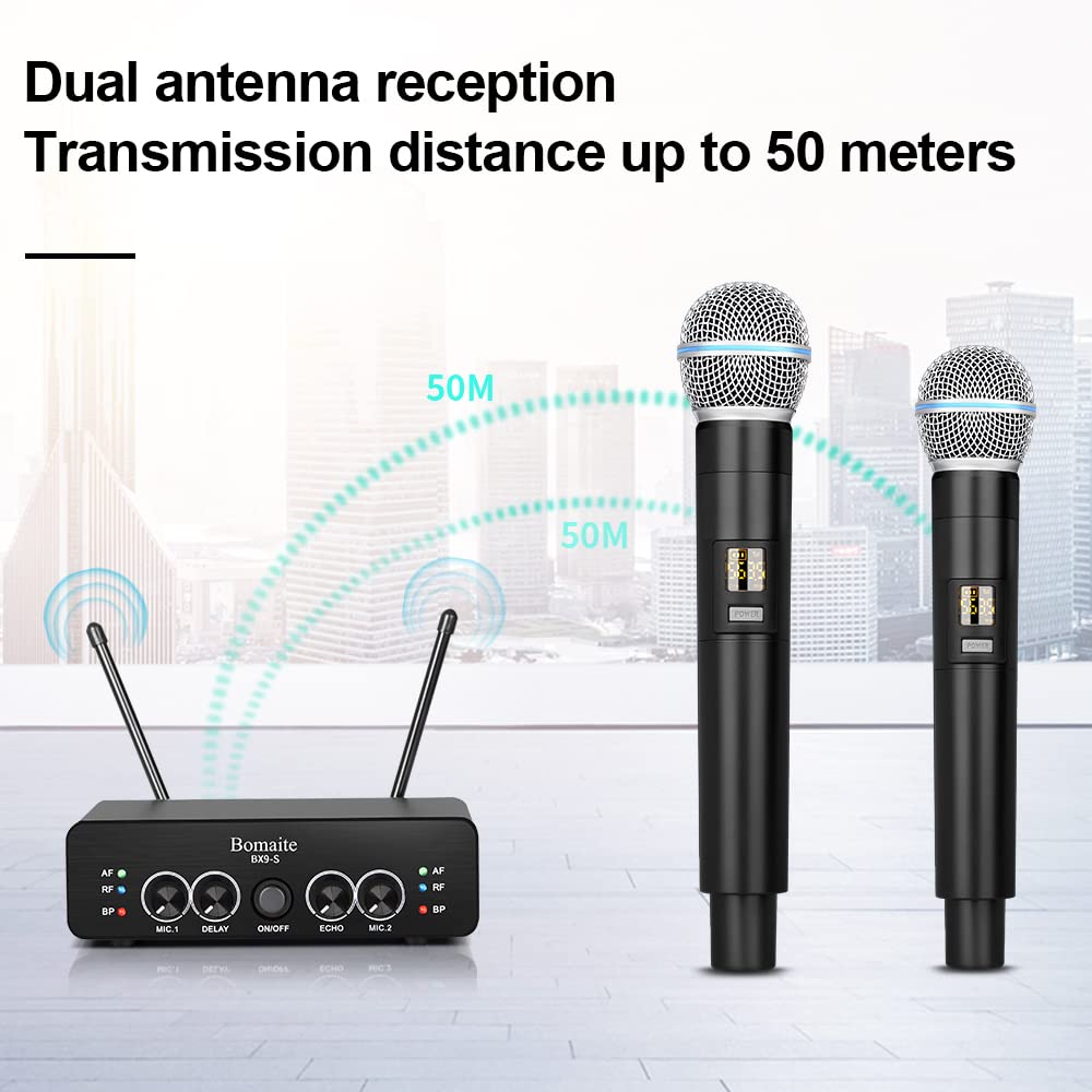 Bomaite BX9-S UHF Wireless Microphone System， Karaoke Microphone Wireless Mic Cordless Dual with Volume Control and Echo,DEALY for Karaoke Singing Speech Meeting Church DJ Party, 165FT