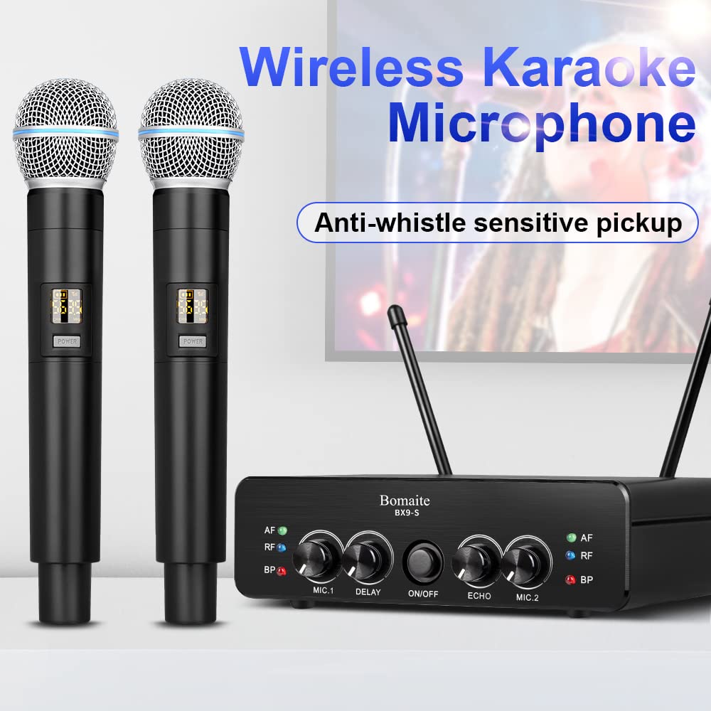 Bomaite BX9-S UHF Wireless Microphone System， Karaoke Microphone Wireless Mic Cordless Dual with Volume Control and Echo,DEALY for Karaoke Singing Speech Meeting Church DJ Party, 165FT