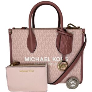 Michael Kors Mirella Small Shopper Top Zip Bag bundled SM TZ Coinpouch Purse Hook (Pink MK Signature)