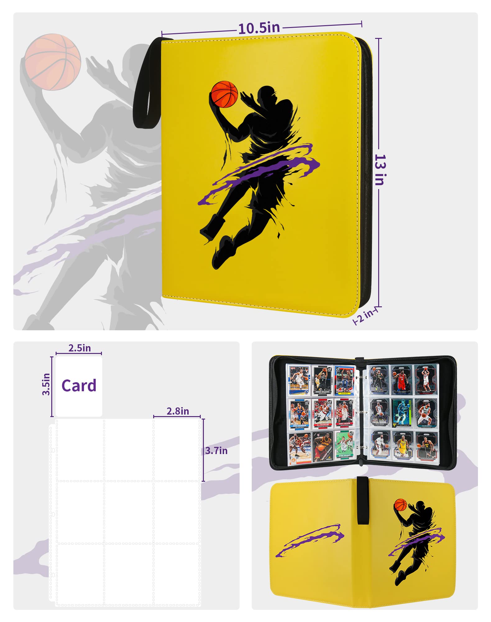 Basketball Trading Card Binder, Fit 900 Sport Cards 3 Ring Binder Book with 50 Binder Sheets, 9 Pocket Card Sleeves Album for Birthday Christmas New Year Gift for All Cards Collectors (BSK001)