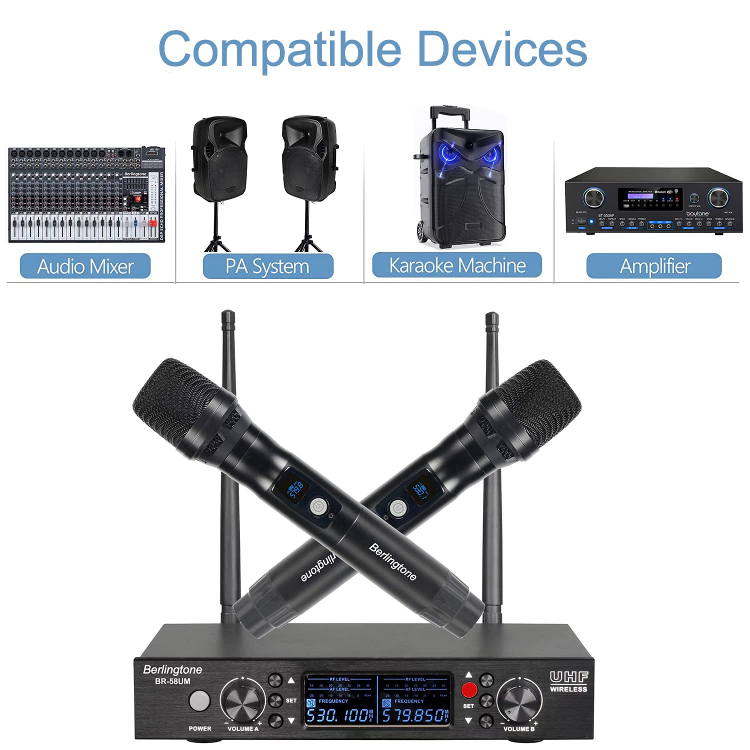 Berlingtone BR-58UM UHF Professional Handheld Wireless Microphone Systems, 120- Adjustable Frequency Channel, Metal Mic/Base, Karaoke, DJ, Conference, Church, Meeting, Weddings, UP to 260ft Range