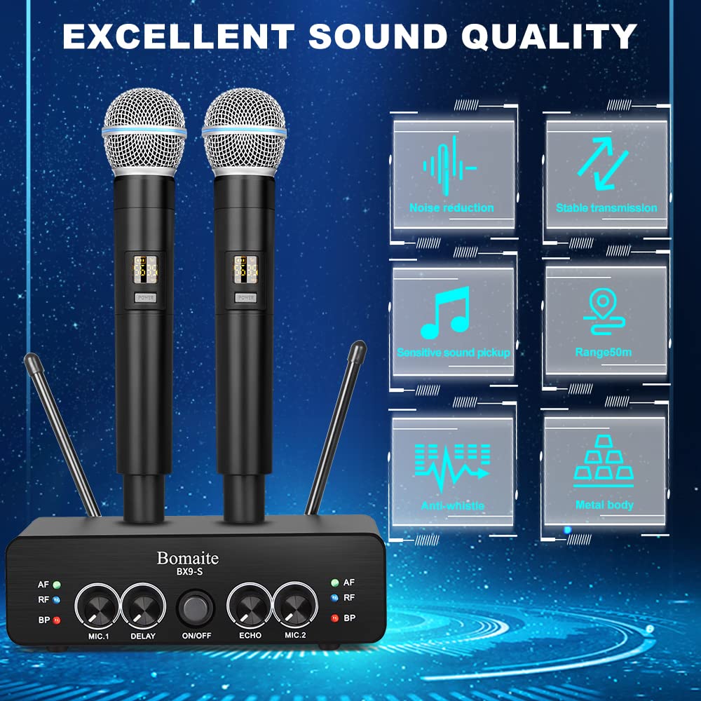 Bomaite BX9-S UHF Wireless Microphone System， Karaoke Microphone Wireless Mic Cordless Dual with Volume Control and Echo,DEALY for Karaoke Singing Speech Meeting Church DJ Party, 165FT