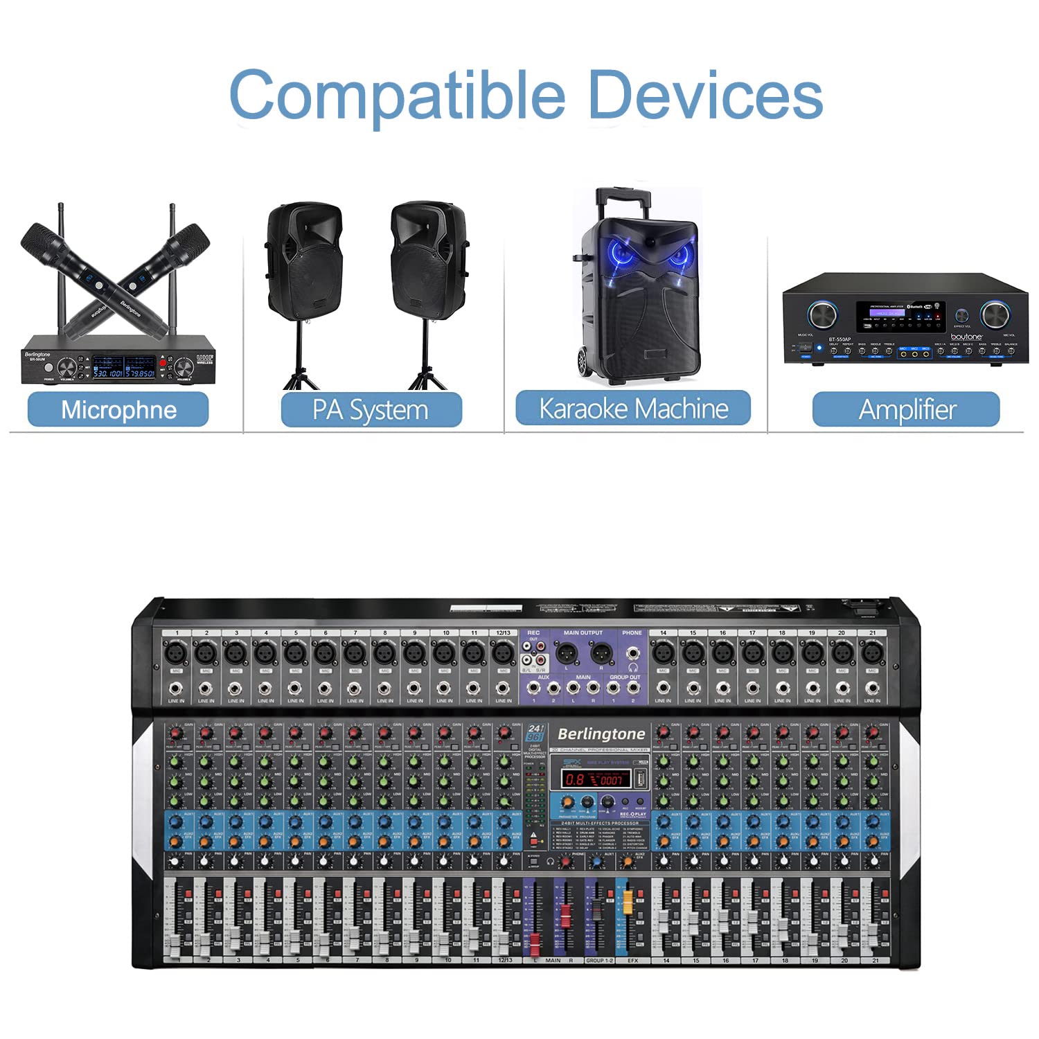 Berlingtone BR-20MX- 20 Channel Professional Bluetooth Studio Audio Mixer - DJ Sound Controller, USB MP3 Player, PC Recording,18 Microphone Jack, 48V Phantom Power, 24BIT Digital Effect, Unpowered