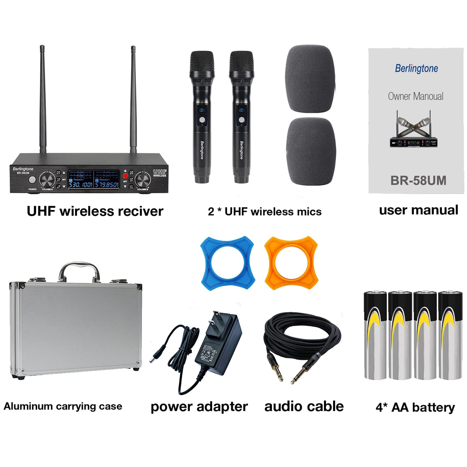 Berlingtone BR-58UM UHF Professional Handheld Wireless Microphone Systems, 120- Adjustable Frequency Channel, Metal Mic/Base, Karaoke, DJ, Conference, Church, Meeting, Weddings, UP to 260ft Range