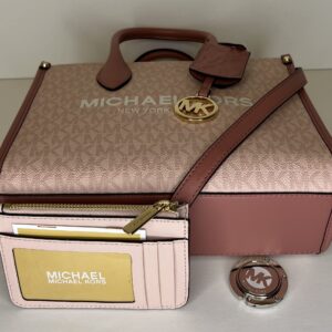 Michael Kors Mirella Small Shopper Top Zip Bag bundled SM TZ Coinpouch Purse Hook (Pink MK Signature)