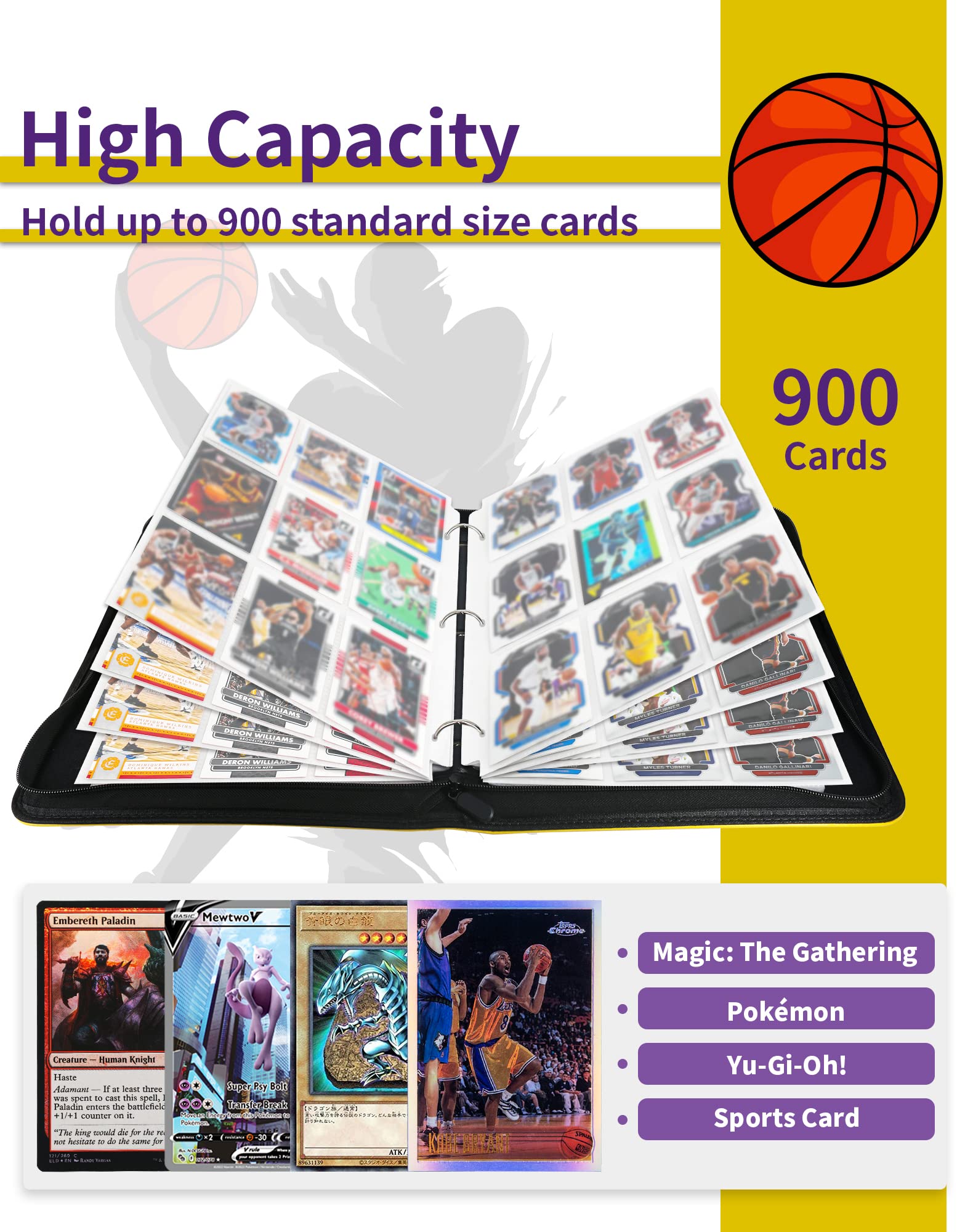 Basketball Trading Card Binder, Fit 900 Sport Cards 3 Ring Binder Book with 50 Binder Sheets, 9 Pocket Card Sleeves Album for Birthday Christmas New Year Gift for All Cards Collectors (BSK001)