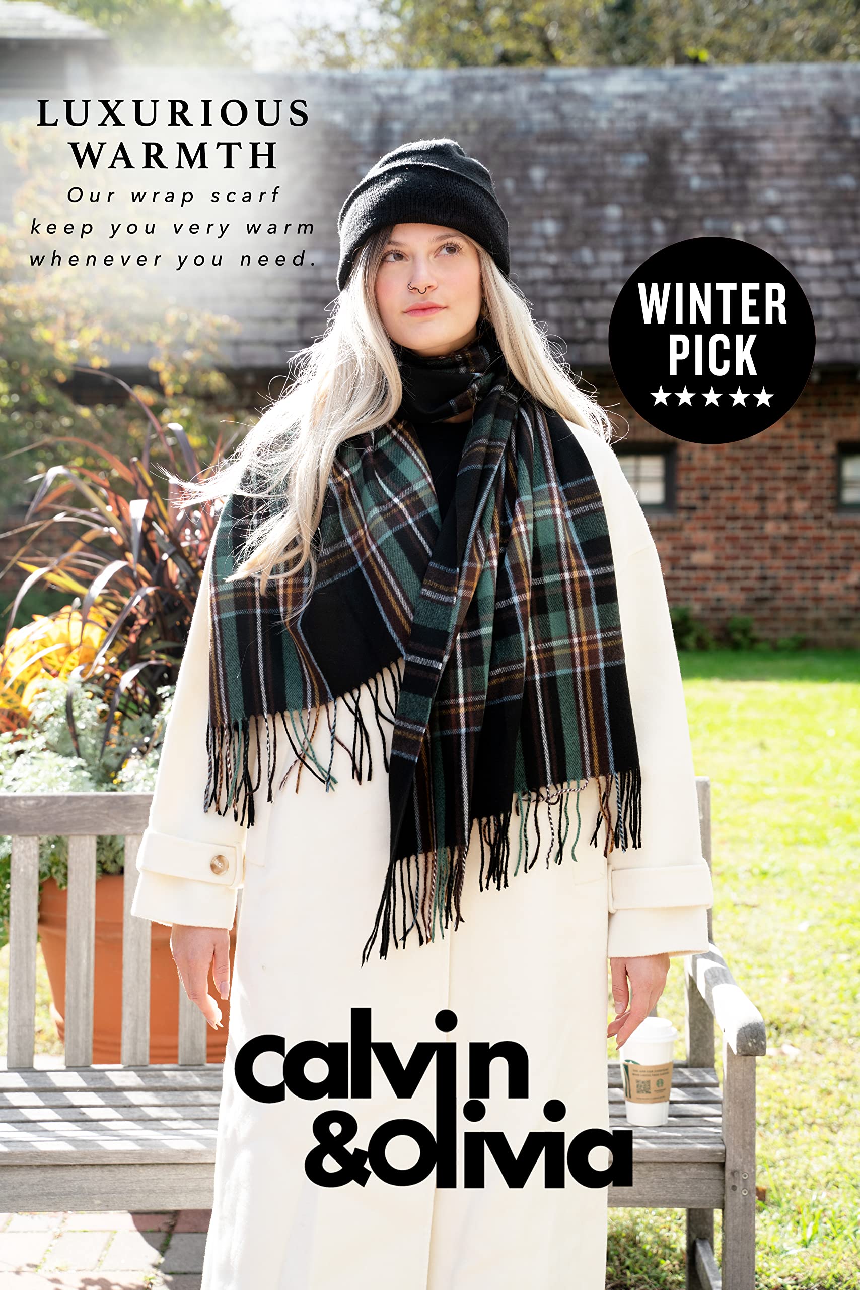 CALVIN & OLIVIA Women's Fall Winter Scarf Thick Classic Plaid Scarf Wrap Warmth Soft Oversized Cashmere Feel Scarves Amazing Tartan Black Green