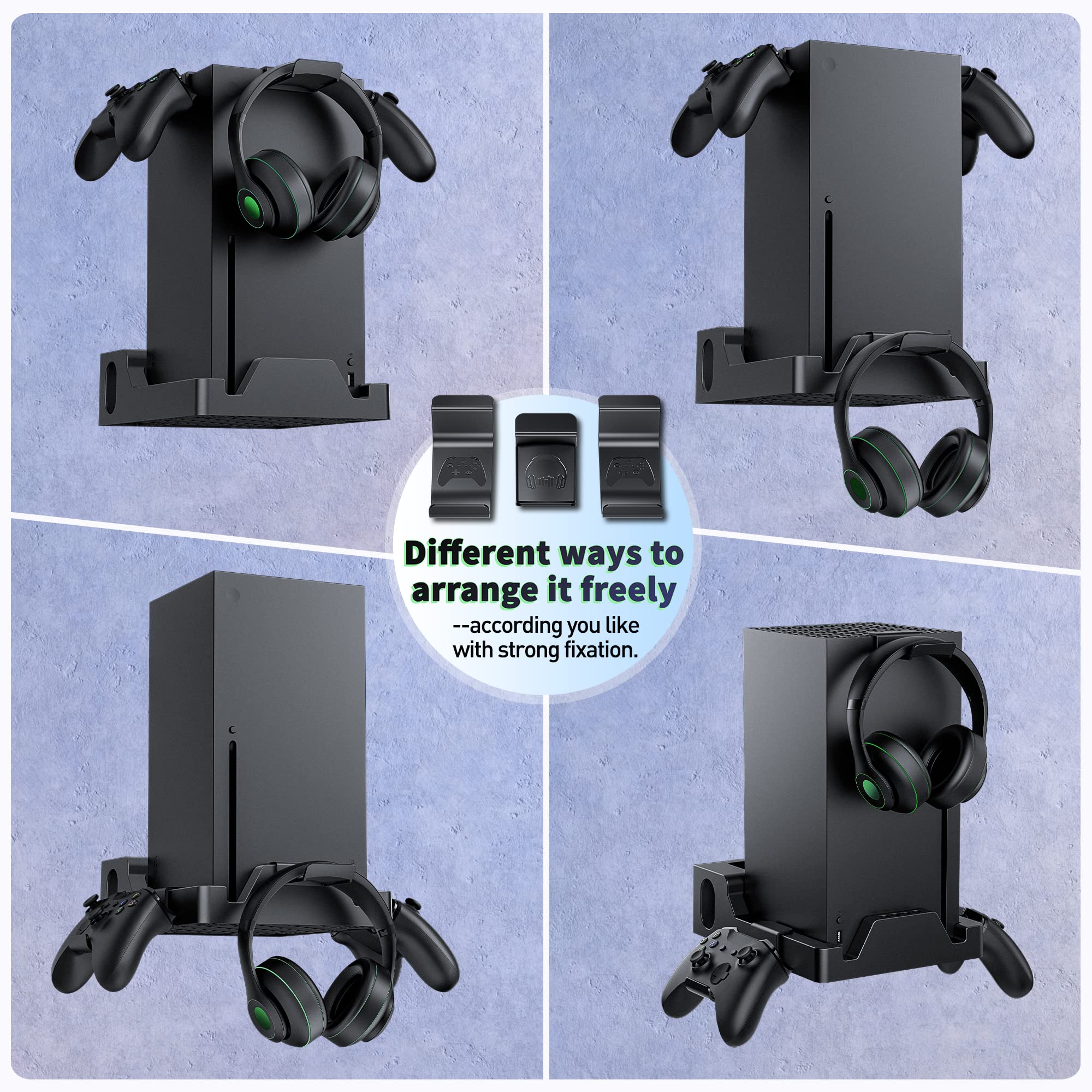 Narati Wall Mount with Cooling Fan Kit for Xbox Series X, RGB Light Strip, 2 Controller Holder & Headphone Hook, 3 Level Adjustable Speed Fan, Mount XSX Facing Forward