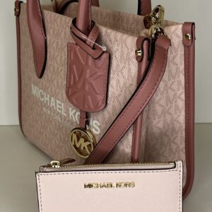 Michael Kors Mirella Small Shopper Top Zip Bag bundled SM TZ Coinpouch Purse Hook (Pink MK Signature)