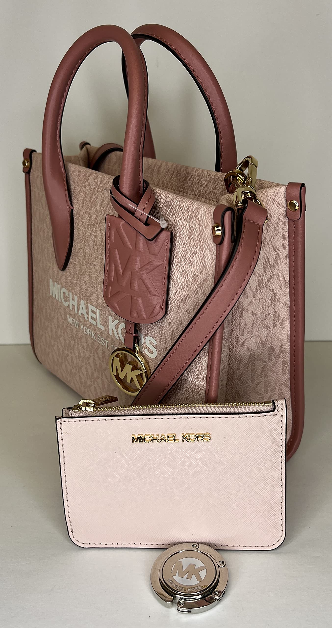 Michael Kors Mirella Small Shopper Top Zip Bag bundled SM TZ Coinpouch Purse Hook (Pink MK Signature)