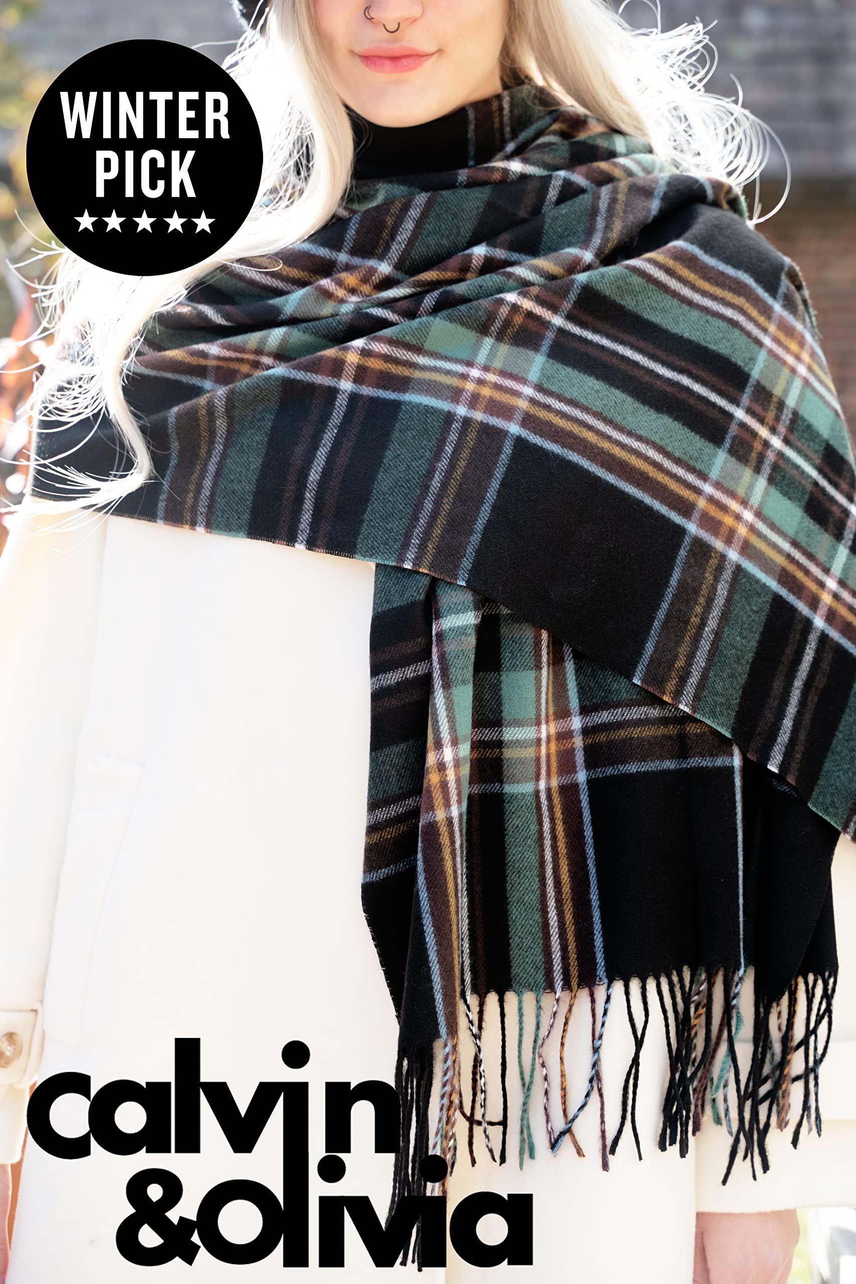 CALVIN & OLIVIA Women's Fall Winter Scarf Thick Classic Plaid Scarf Wrap Warmth Soft Oversized Cashmere Feel Scarves Amazing Tartan Black Green