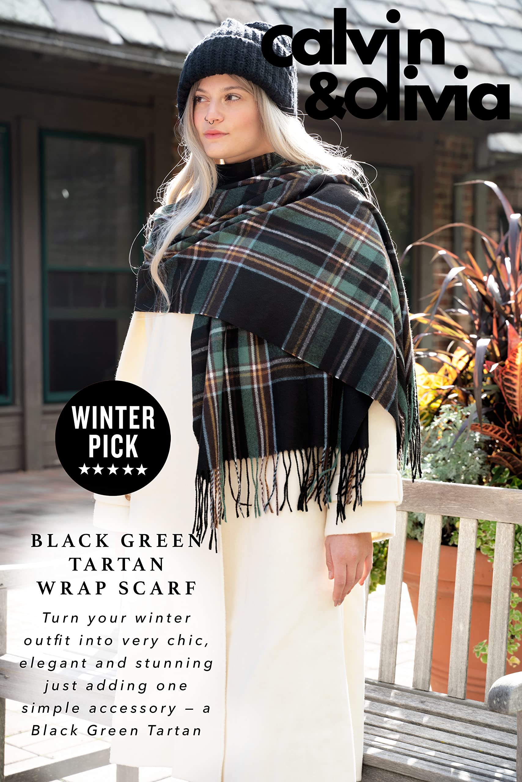 CALVIN & OLIVIA Women's Fall Winter Scarf Thick Classic Plaid Scarf Wrap Warmth Soft Oversized Cashmere Feel Scarves Amazing Tartan Black Green