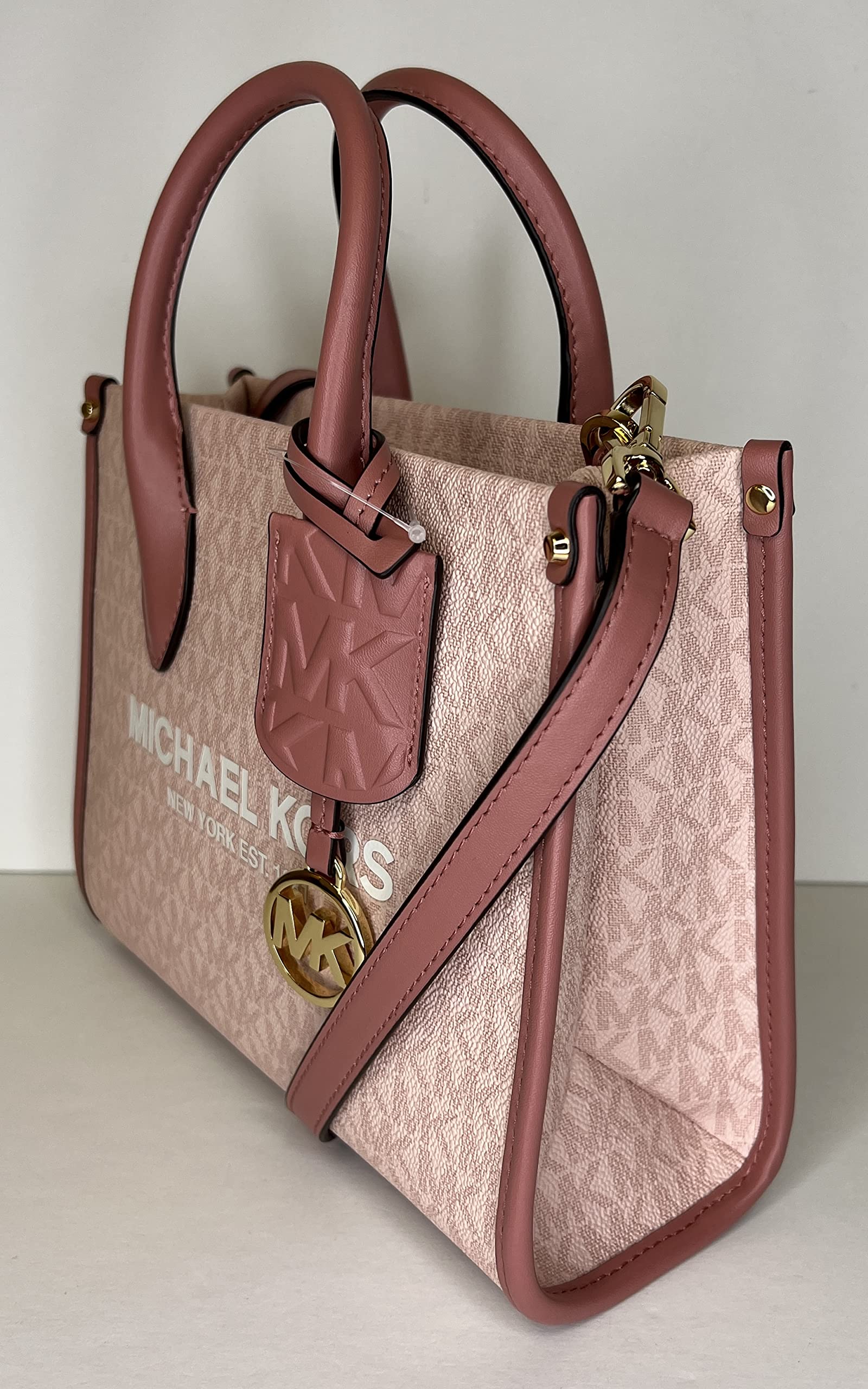 Michael Kors Mirella Small Shopper Top Zip Bag bundled SM TZ Coinpouch Purse Hook (Pink MK Signature)