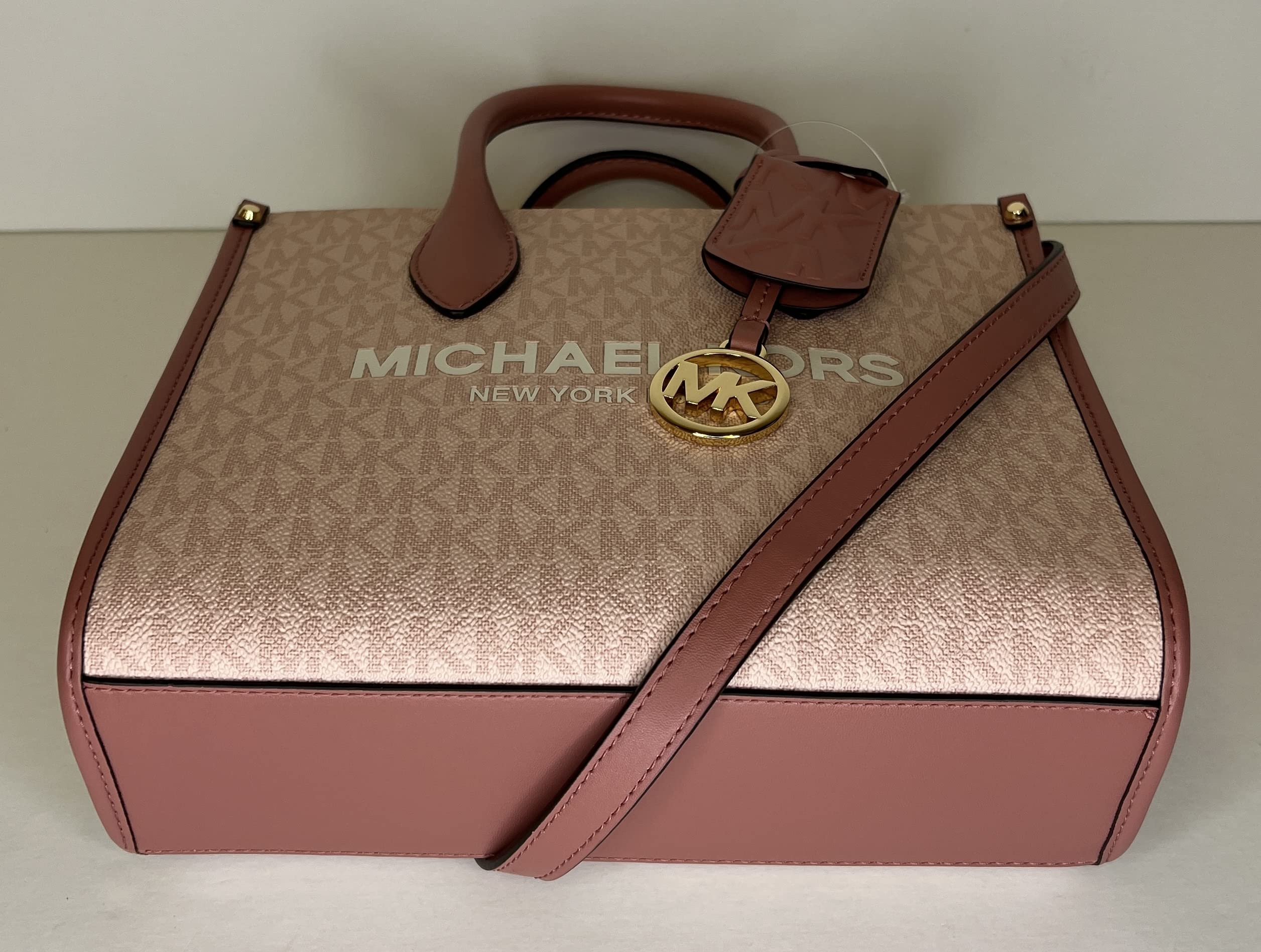 Michael Kors Mirella Small Shopper Top Zip Bag bundled SM TZ Coinpouch Purse Hook (Pink MK Signature)