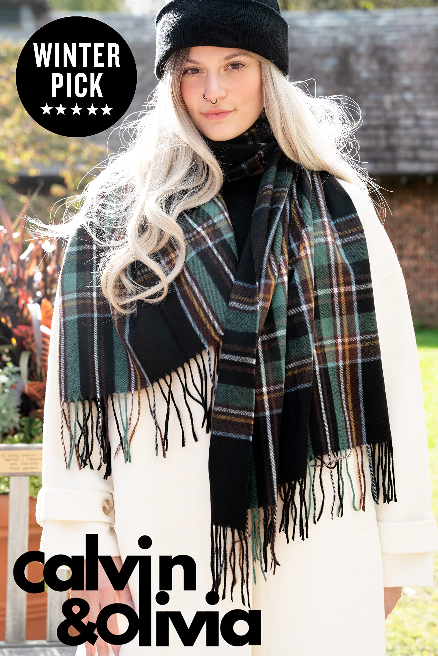 CALVIN & OLIVIA Women's Fall Winter Scarf Thick Classic Plaid Scarf Wrap Warmth Soft Oversized Cashmere Feel Scarves Amazing Tartan Black Green