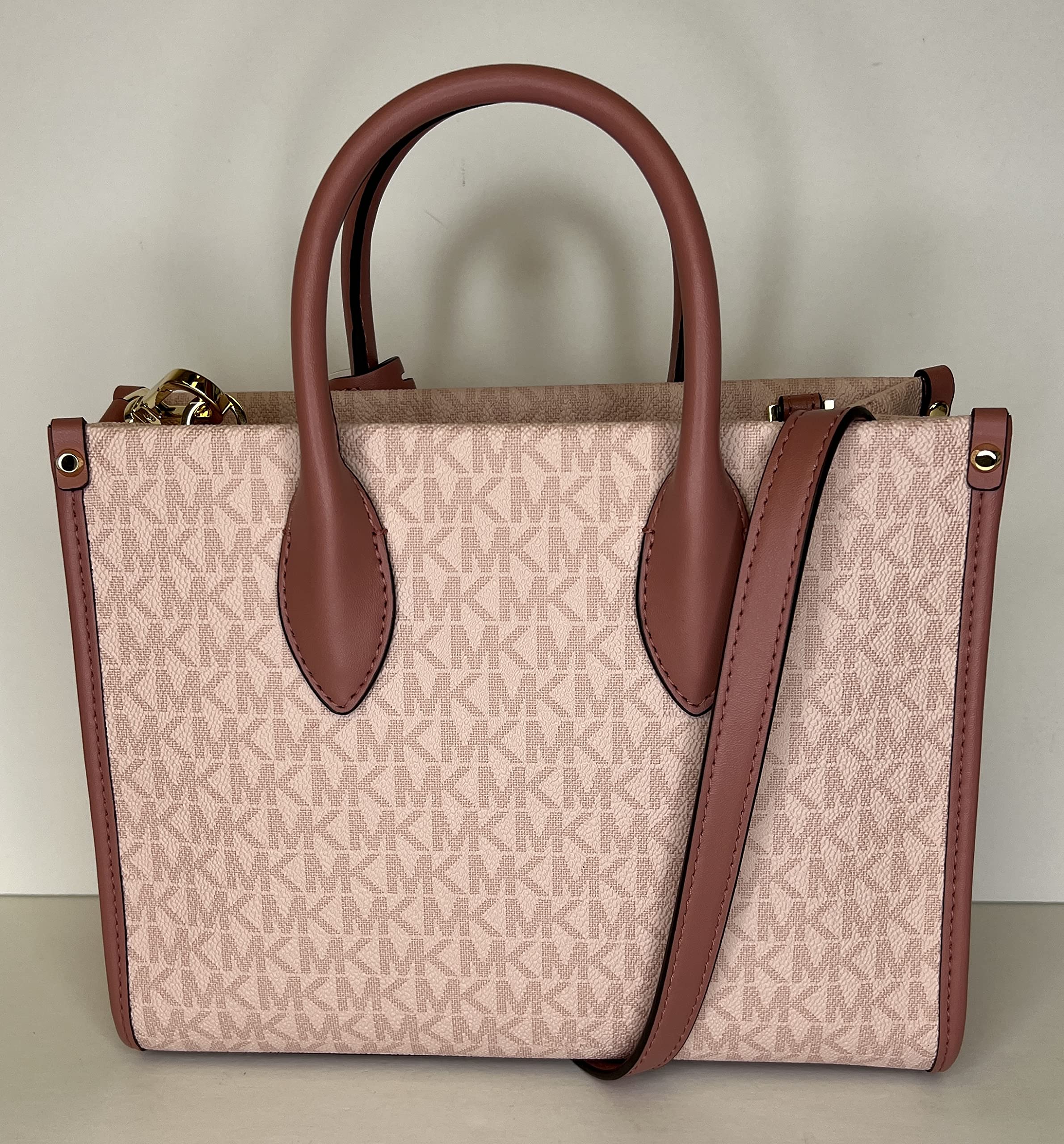 Michael Kors Mirella Small Shopper Top Zip Bag bundled SM TZ Coinpouch Purse Hook (Pink MK Signature)