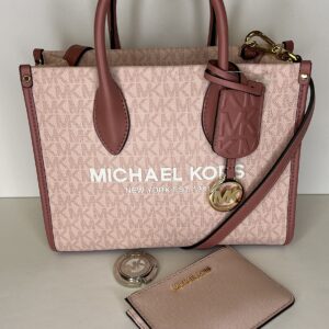 Michael Kors Mirella Small Shopper Top Zip Bag bundled SM TZ Coinpouch Purse Hook (Pink MK Signature)