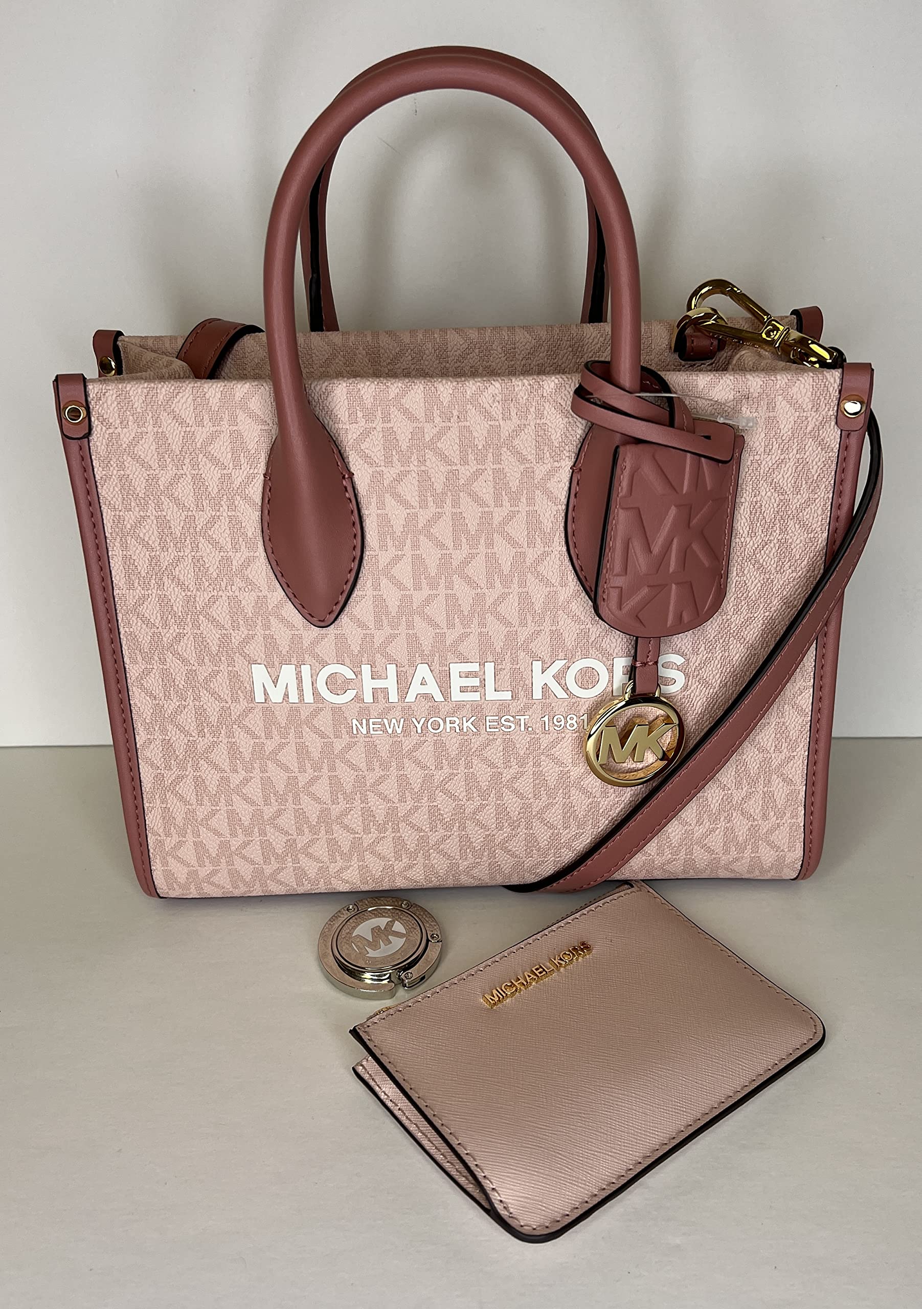 Michael Kors Mirella Small Shopper Top Zip Bag bundled SM TZ Coinpouch Purse Hook (Pink MK Signature)