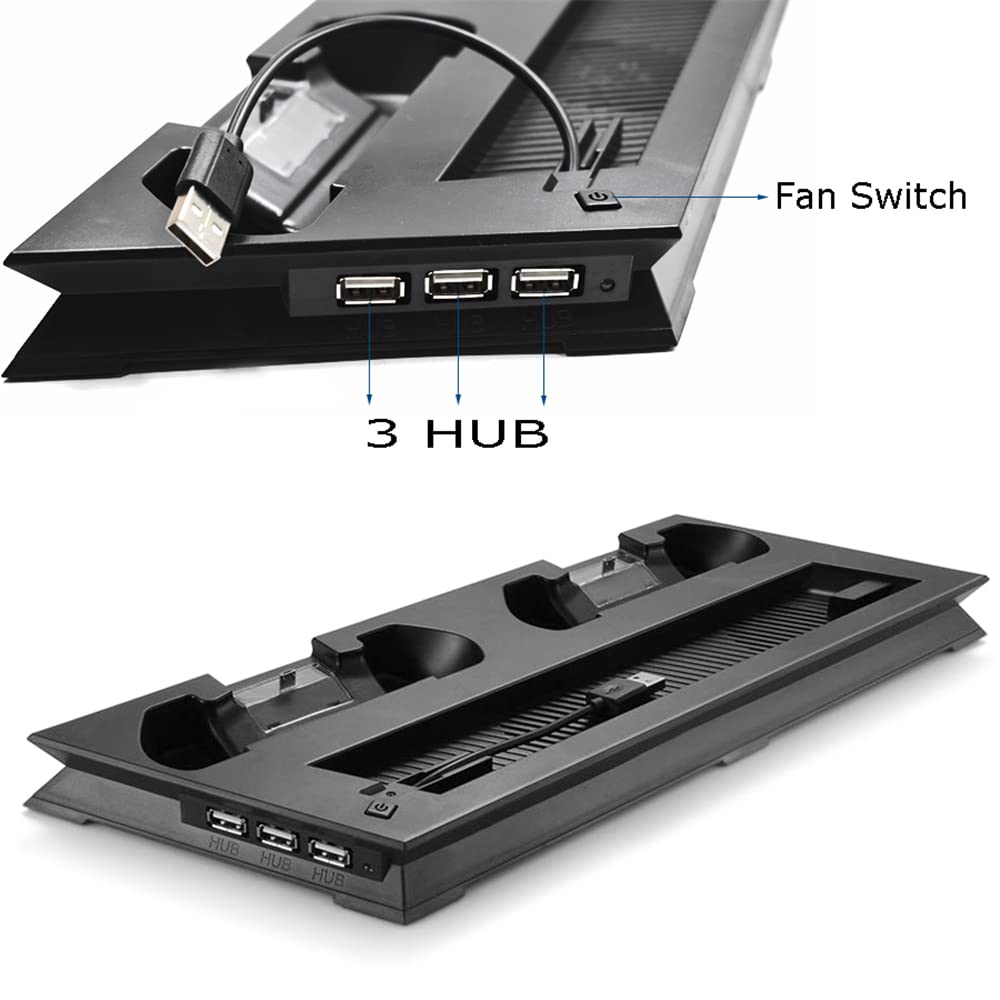 Vertical Stand Cooling Fan Station for PS4 Slim,Dual Controller Charger Station & Dual Cooling Fan Stand Base,USB Hub for Data Transferring Charging,Console Accessories