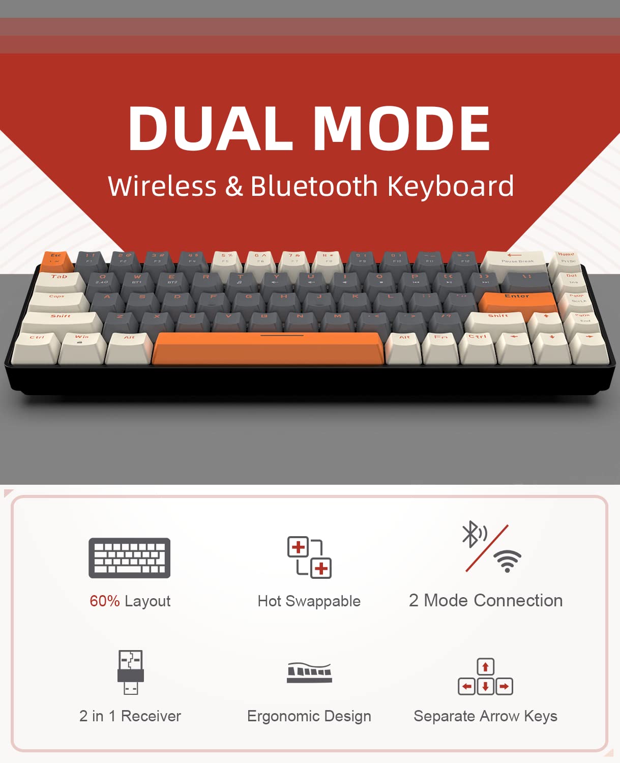 ZIYOU LANG RK68 60% Wireless Mechanical Keyboard,Bluetooth 5.0/2.4Ghz Dual Mode Receiver,Hot-Swappable mini 68-Key,Retro Color Keycaps,Clicky Blue Switch,Ultra Power Saving for PC PS4 Xbox iPhone ipad