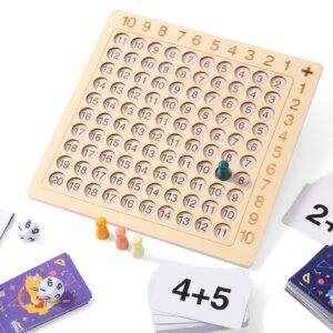 2 in 1 Multiplication Addition Math Board Game for Kids - Wooden Montessori Math Toys for Girls Boys 4 5 6 7 8 9 Years Old Wood Double Sided Board Table Dice Card Games for Family