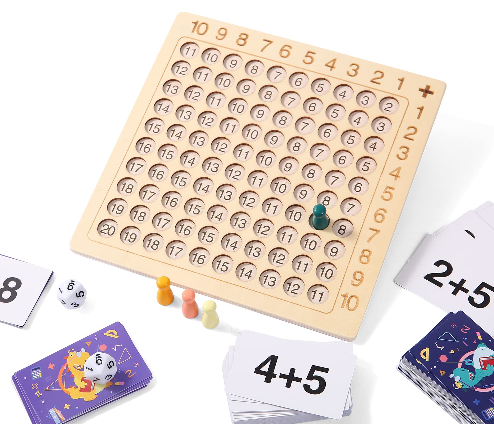 2 in 1 Multiplication Addition Math Board Game for Kids - Wooden Montessori Math Toys for Girls Boys 4 5 6 7 8 9 Years Old Wood Double Sided Board Table Dice Card Games for Family