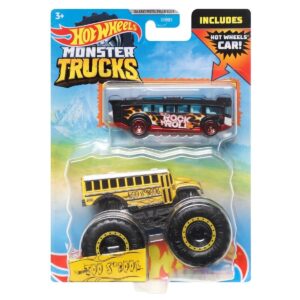 monster trucks too s'cool school bus with free crushed car, 1:64 scale diecast