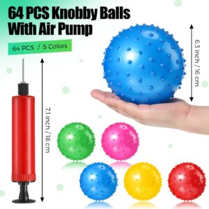 64 Pieces 6.3 Inch Knobby Balls for Kids Sensory Balls with Air Pump Small Inflatable Bouncy Balls Soft Spiky Toddler Ball Bounce Party Favors Summer Beach Pool Baby Massage Stress Play Set, 5 Colors