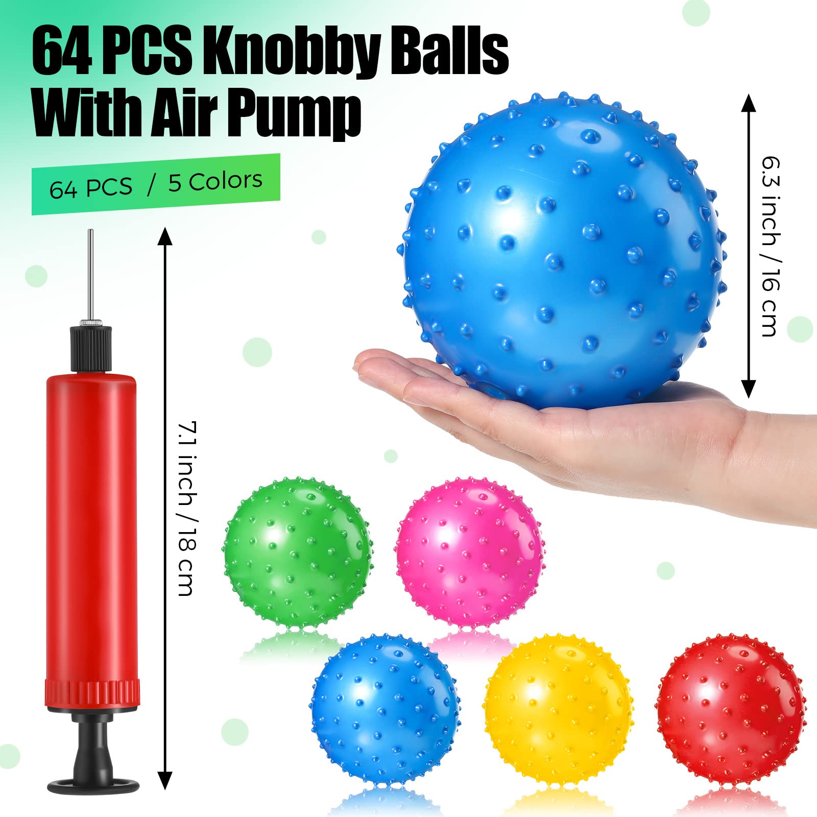 64 Pieces 6.3 Inch Knobby Balls for Kids Sensory Balls with Air Pump Small Inflatable Bouncy Balls Soft Spiky Toddler Ball Bounce Party Favors Summer Beach Pool Baby Massage Stress Play Set, 5 Colors