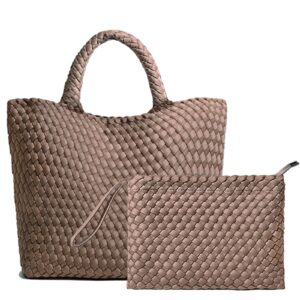 fashion hobo bag handmade woven casual female handbag large capacity neoprene tote bag patchwork women shoulder bags (khaki)