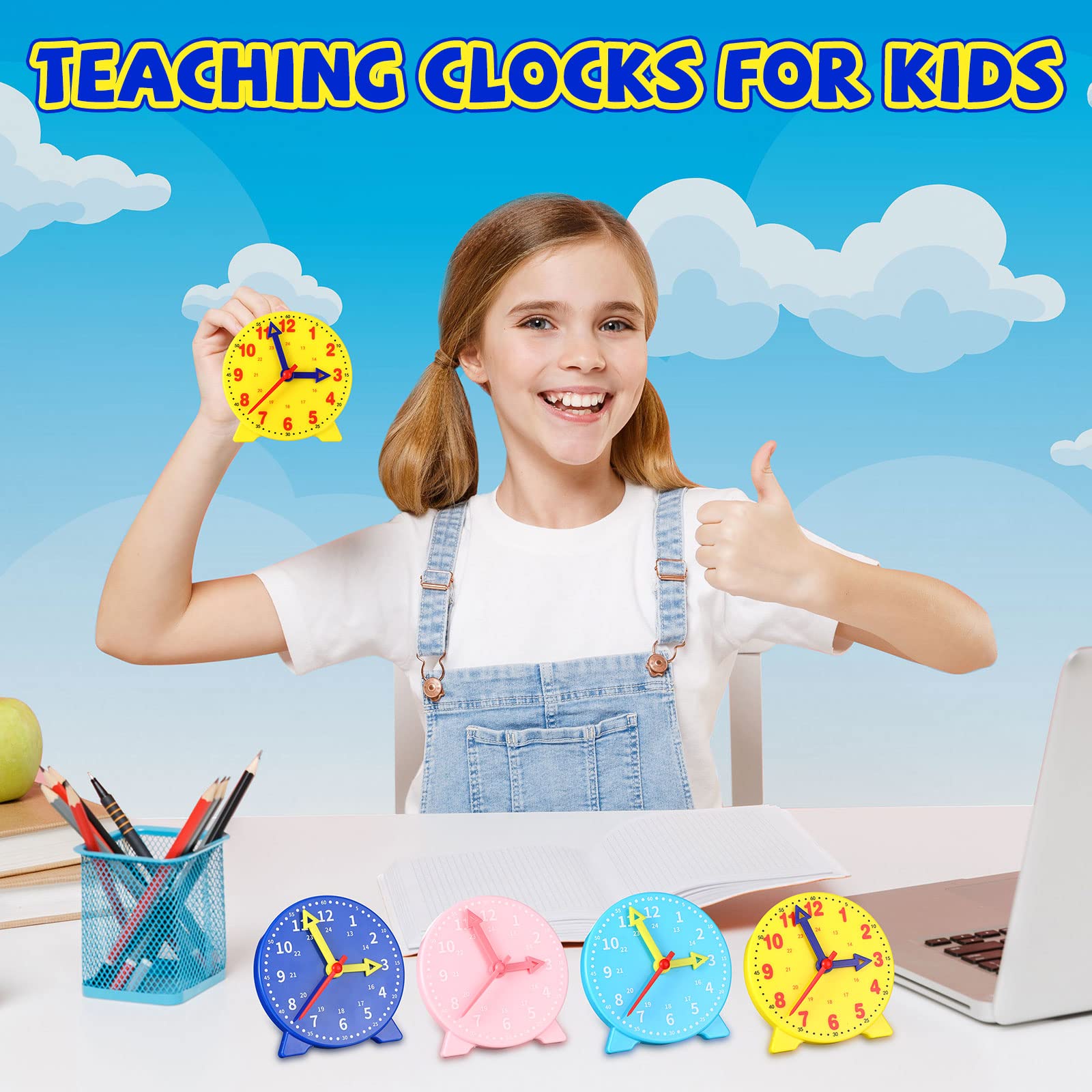 Batiyeer 24 Pcs Teaching Clock Kit for Kids to Tell Time Teaching Clock Mini Geared Clock for Kids Basic Math Development Teacher and Classroom Supplies, 4 Inch (Dark Blue, Yellow, Pink, Sky Blue)