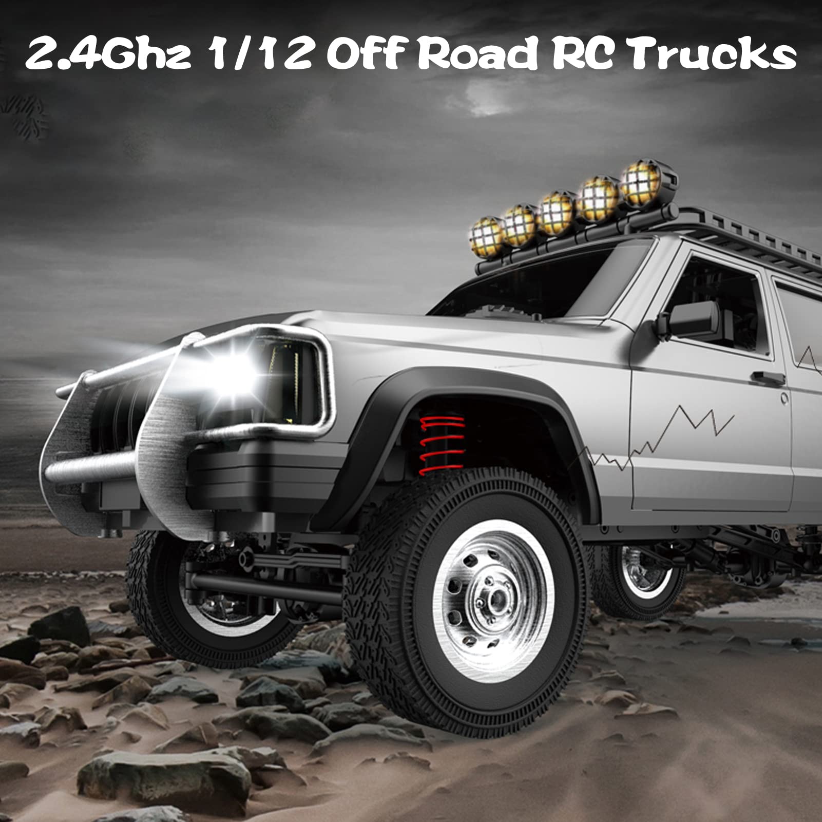 GoolRC RC Rock Crawler, 1:12 Scale Remote Control Car, 2.4Ghz 4WD Off Road RC Truck, All Terrains Climbing Vehicle, RC Car Gifts for Kids and Adults, Include 2 Batteries (Silver)