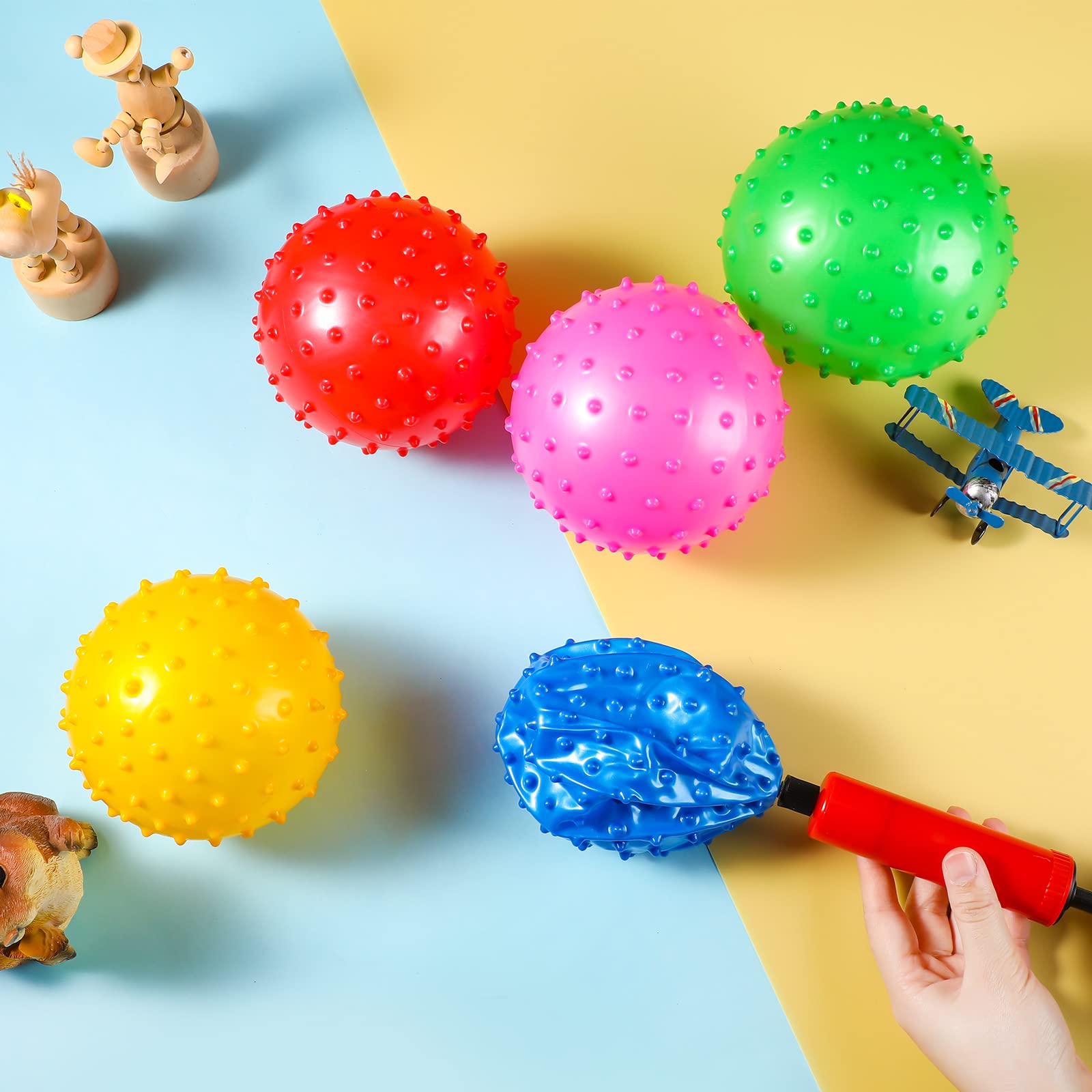 64 Pieces 6.3 Inch Knobby Balls for Kids Sensory Balls with Air Pump Small Inflatable Bouncy Balls Soft Spiky Toddler Ball Bounce Party Favors Summer Beach Pool Baby Massage Stress Play Set, 5 Colors