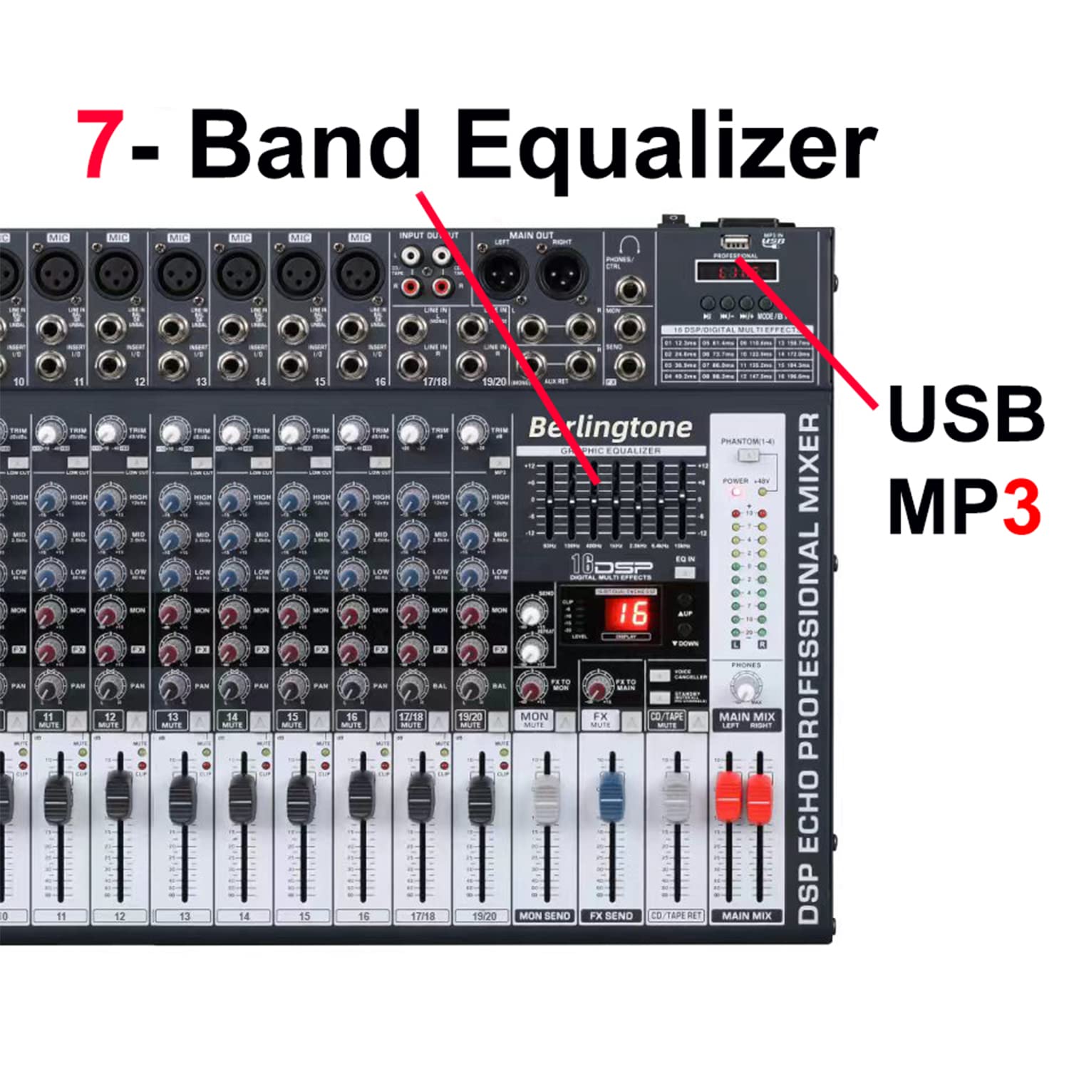 Berlingtone BR-200MX, 20 Channel Professional Bluetooth Studio Audio Mixer - DJ Sound Controller, USB MP3 Player, 16 Microphone Jack, 7 Band EQ, 16 BIT Digital FX, 48V Phantom Power, Unpowered