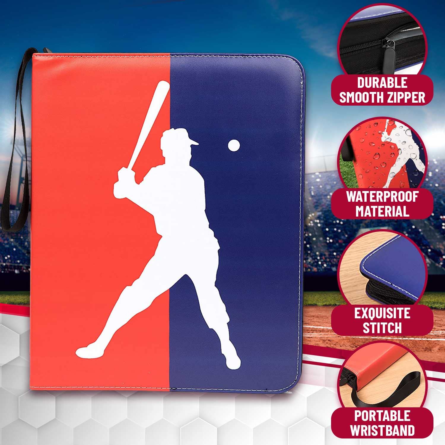 Baseball Card Binder with Sleeves - 3 Ring Waterproof Card Album with 50 Sleeves, Zipper Close, Large Capacity Card Holder Stores 900 Sports Cards (Baseball)