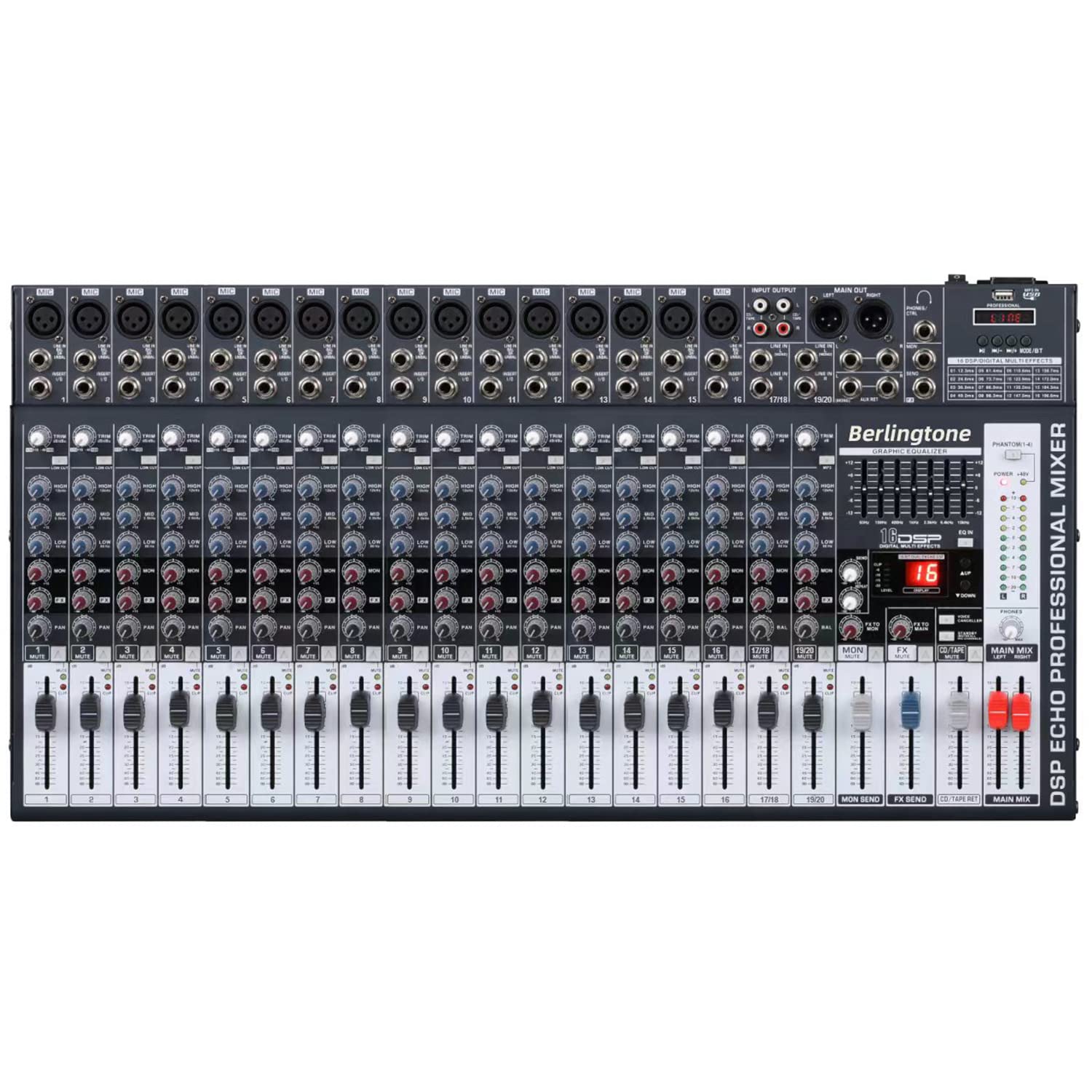 Berlingtone BR-200MX, 20 Channel Professional Bluetooth Studio Audio Mixer - DJ Sound Controller, USB MP3 Player, 16 Microphone Jack, 7 Band EQ, 16 BIT Digital FX, 48V Phantom Power, Unpowered