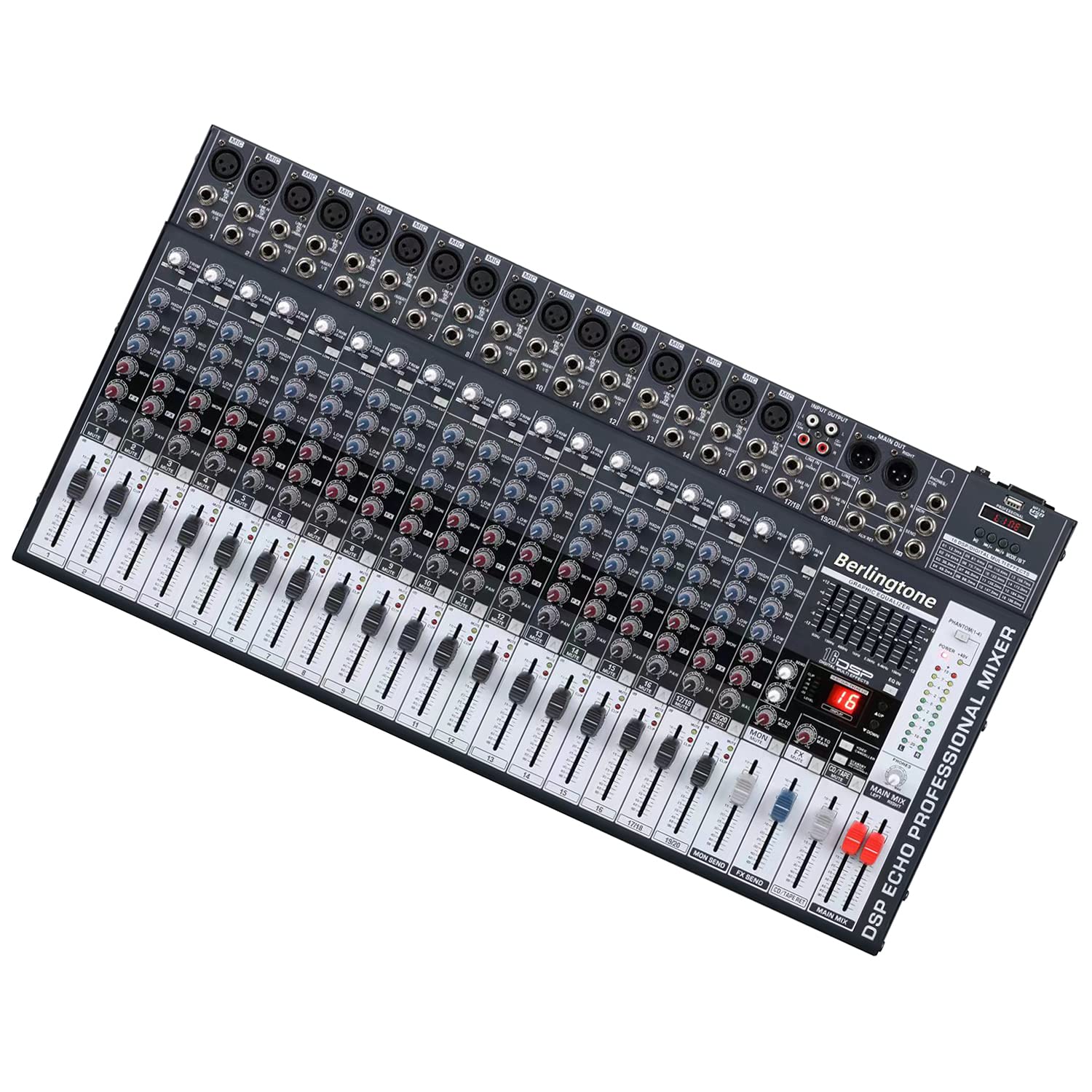 Berlingtone BR-200MX, 20 Channel Professional Bluetooth Studio Audio Mixer - DJ Sound Controller, USB MP3 Player, 16 Microphone Jack, 7 Band EQ, 16 BIT Digital FX, 48V Phantom Power, Unpowered