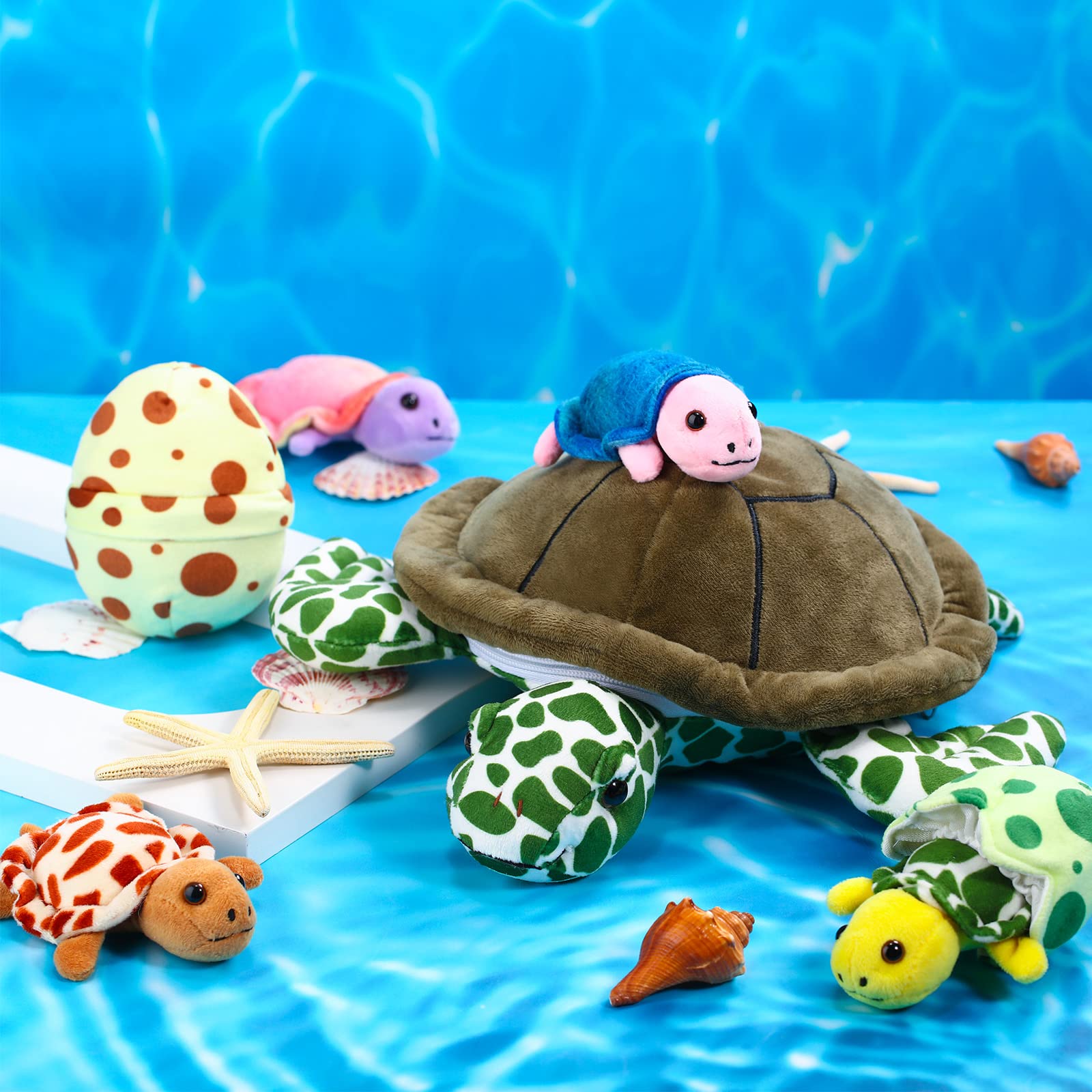 Aoriher 6 Pieces Plush Turtle Set 12 Inch Stuffed Sea Turtle Mom with 3 Little Plush Turtles and 2 Plush Turtle Eggs Soft Plush Stuffed Animal Toys Tortoise Hugging for Valentine's Day Party (Modern)